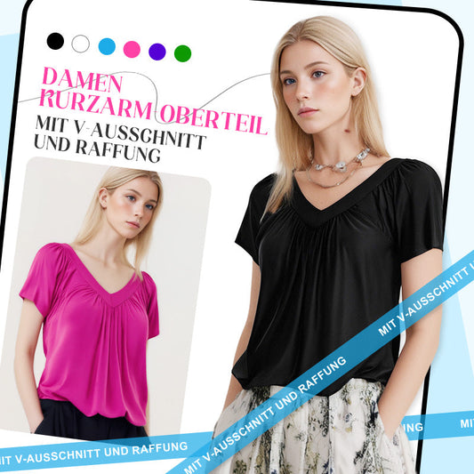 🌺2025 Neu eingetroffen - 50% OFF🌺Lässiges Damen-Top mit plissiertem V-Ausschnitt und kurzen Ärmeln