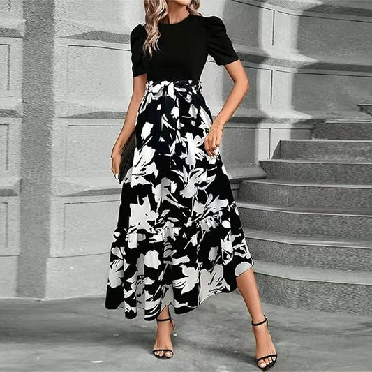🌸Frühjahrsangebote 49% OFF🌸Damen Sommer Kleid mit hoher Taille Kurzarm Rundhalsausschnitt Floral