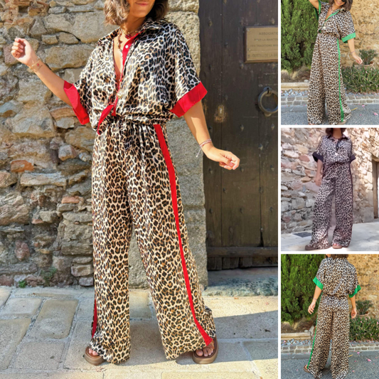 🔥Damen-Zweiteiler mit Leopardenmuster: Hemdbluse mit Knopfleiste und Hose mit weitem Bein
