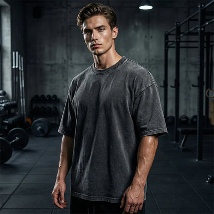 T-Shirts in Übergröße, Retro-Fitness-Stil, dicke Baumwoll-T-Shirts, Acid-Washed-Sport-T-Shirts, locker sitzende T-Shirts