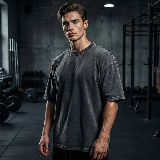 T-Shirts in Übergröße, Retro-Fitness-Stil, dicke Baumwoll-T-Shirts, Acid-Washed-Sport-T-Shirts, locker sitzende T-Shirts